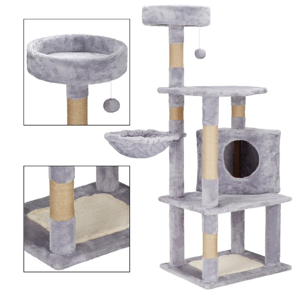 Ansamblu de joaca pentru pisici, cu loc pentru zgariat, ascuns, culcus, minge, 124cm, gri