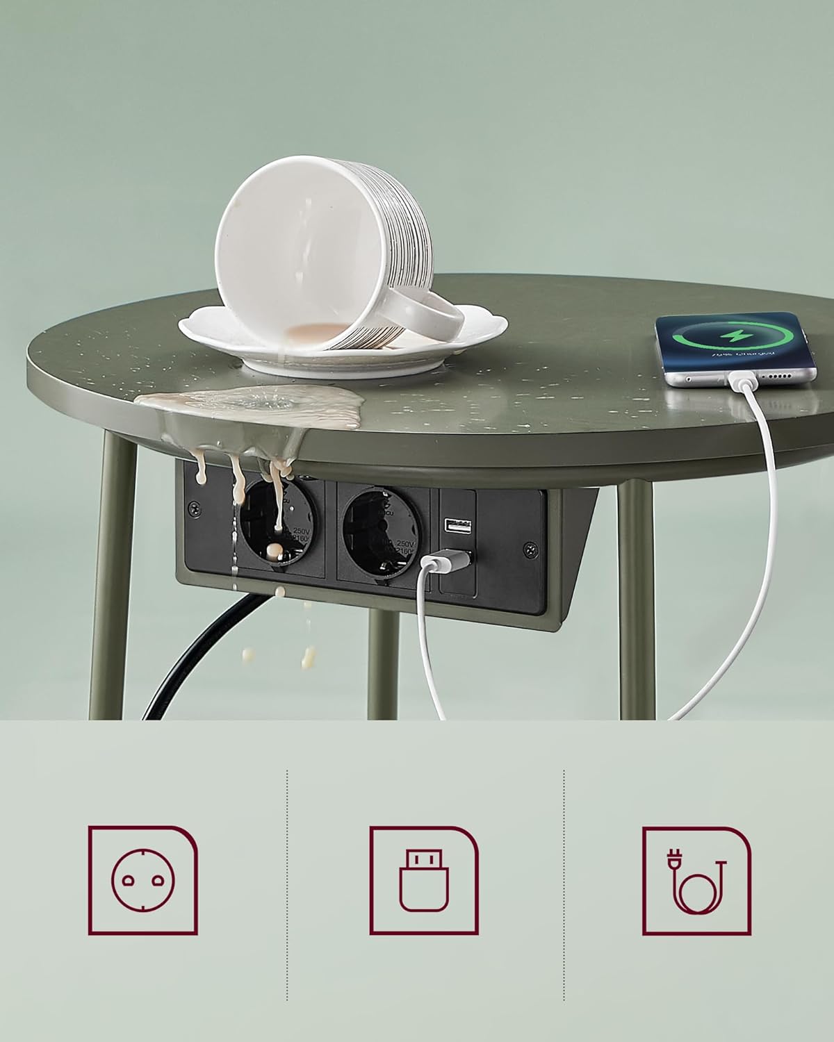 VASAGLE Masuta de cafea rotunda cu cos de stofa, statie de incarcare 2 prize si 2 USB, 45x50cm, verde crem - 3