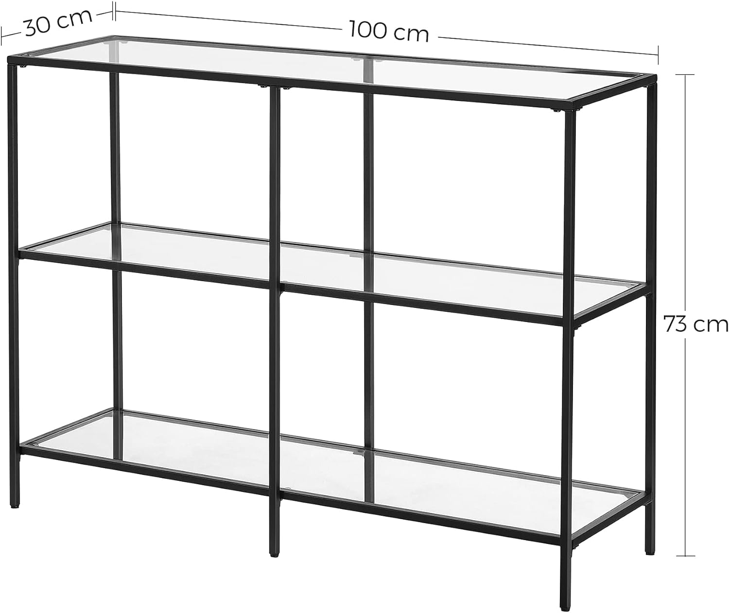 VASAGLE Masa de intrare, pe 3 nivele, blat din sticla securizata, cadru metalic, 30x100x73cm, negru