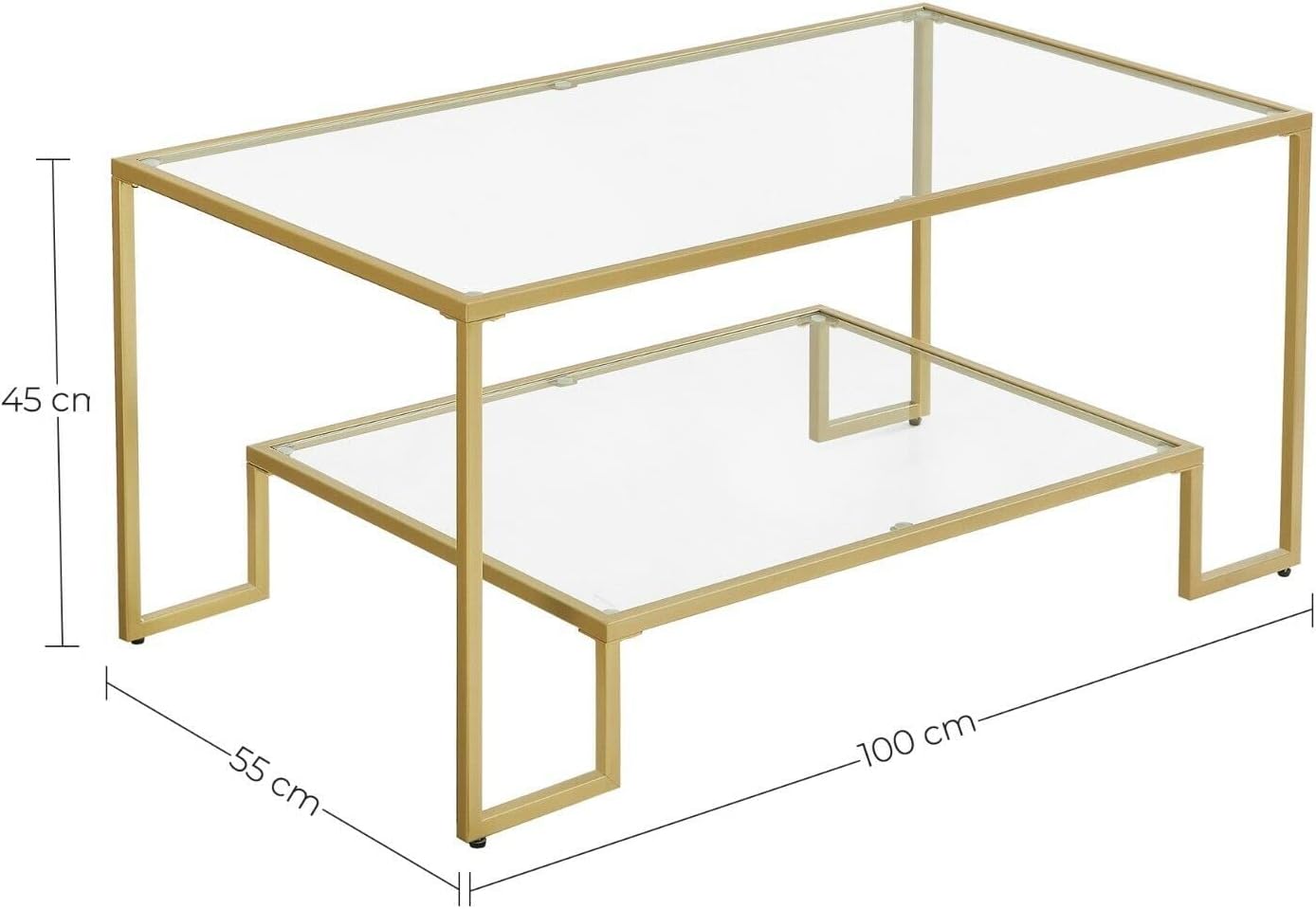 VASAGLE Masuta de cafea cu cadru din otel, suprafata din sticla calita, 100x55x45cm, auriu