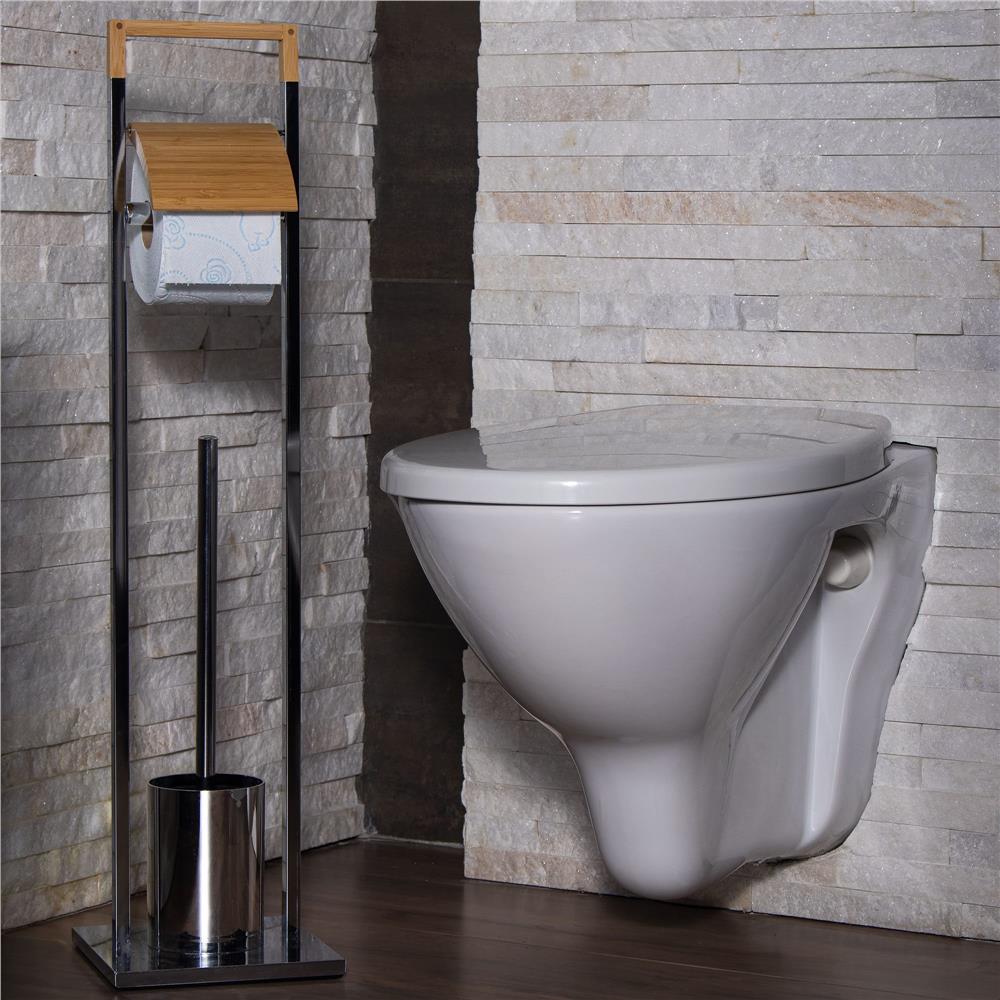 Stand cu perie WC si suport hartie igienica, inox si bambus, 75cm, argintiu