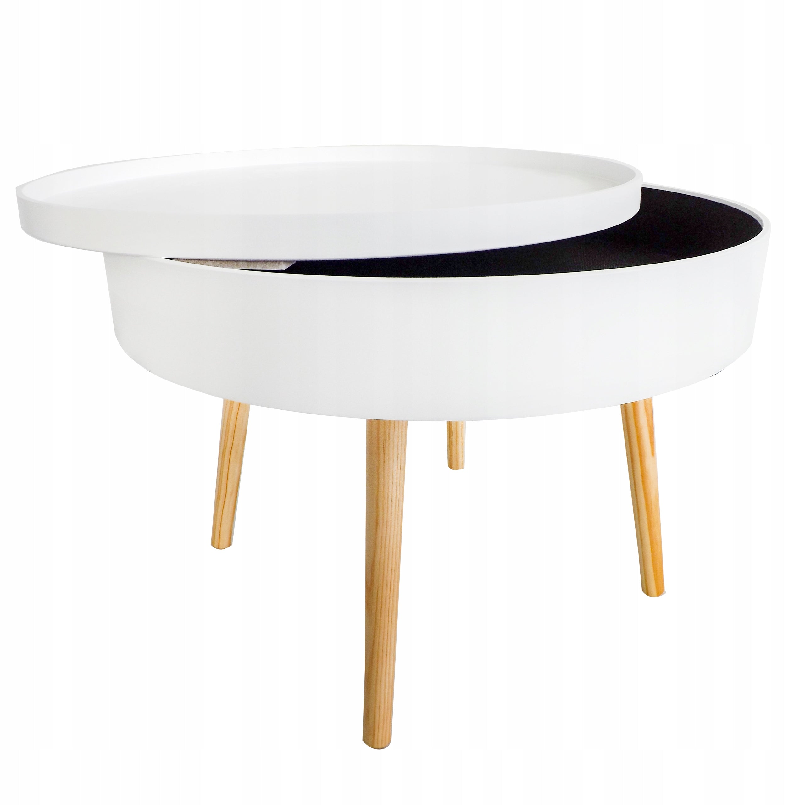 Masuta de cafea rotunda 60x40 cm, cu blat detasabil si spatiu depozitare, picioare din lemn de pin, alba