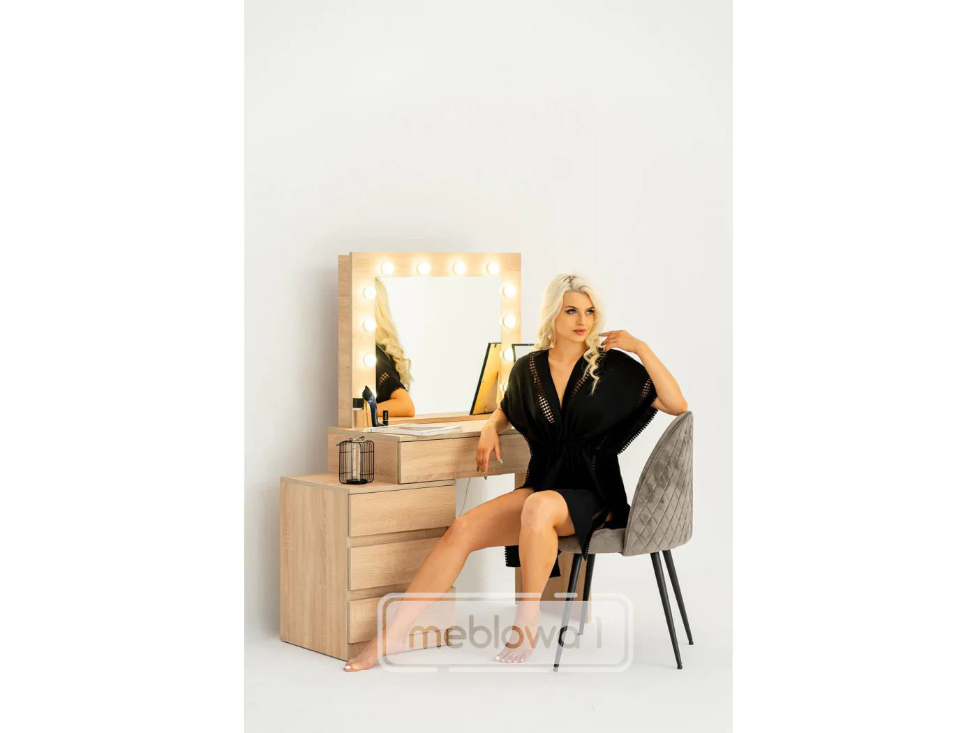 Masa de toaleta si machiaj Adele cu 5 sertare si oglinda 12 LED, 113x47x142 cm, sonoma