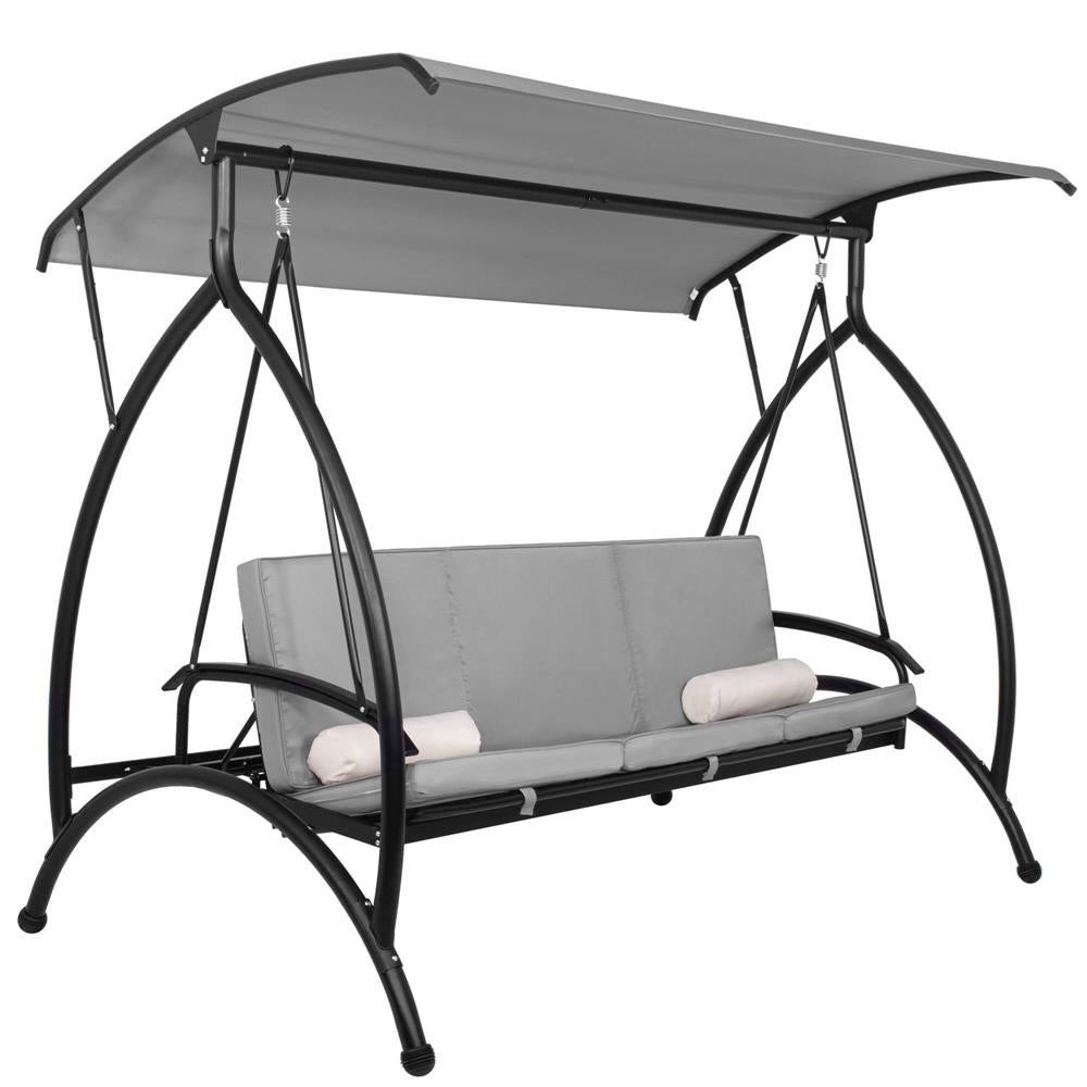 Balansoar gradina 230x136x190 cm, 2 in 1 leagan si pat, copertina reglabila, saltea si perne incluse, cadru otel, gri si ecru