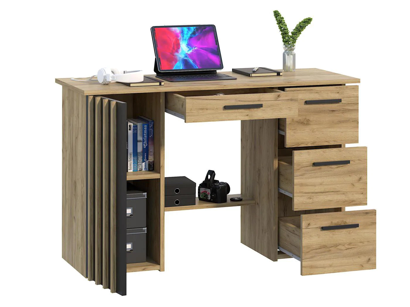 Birou Montana B120 cu 4 sertare si 1 usa, 120x45x76 cm, stejar craft si negru - 3
