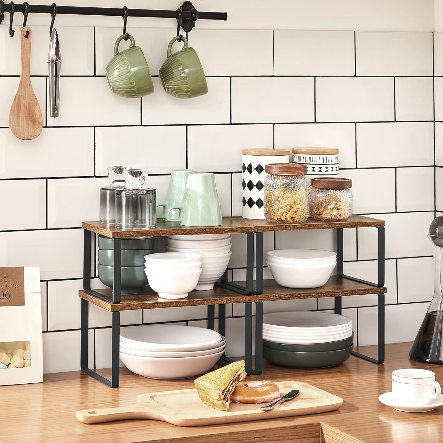 SONGMICS Rafturi bucatarie 30x20x16 cm, set 4 buc, modulare, suprapozabile si extensibile, metal si PAL, maro rustic