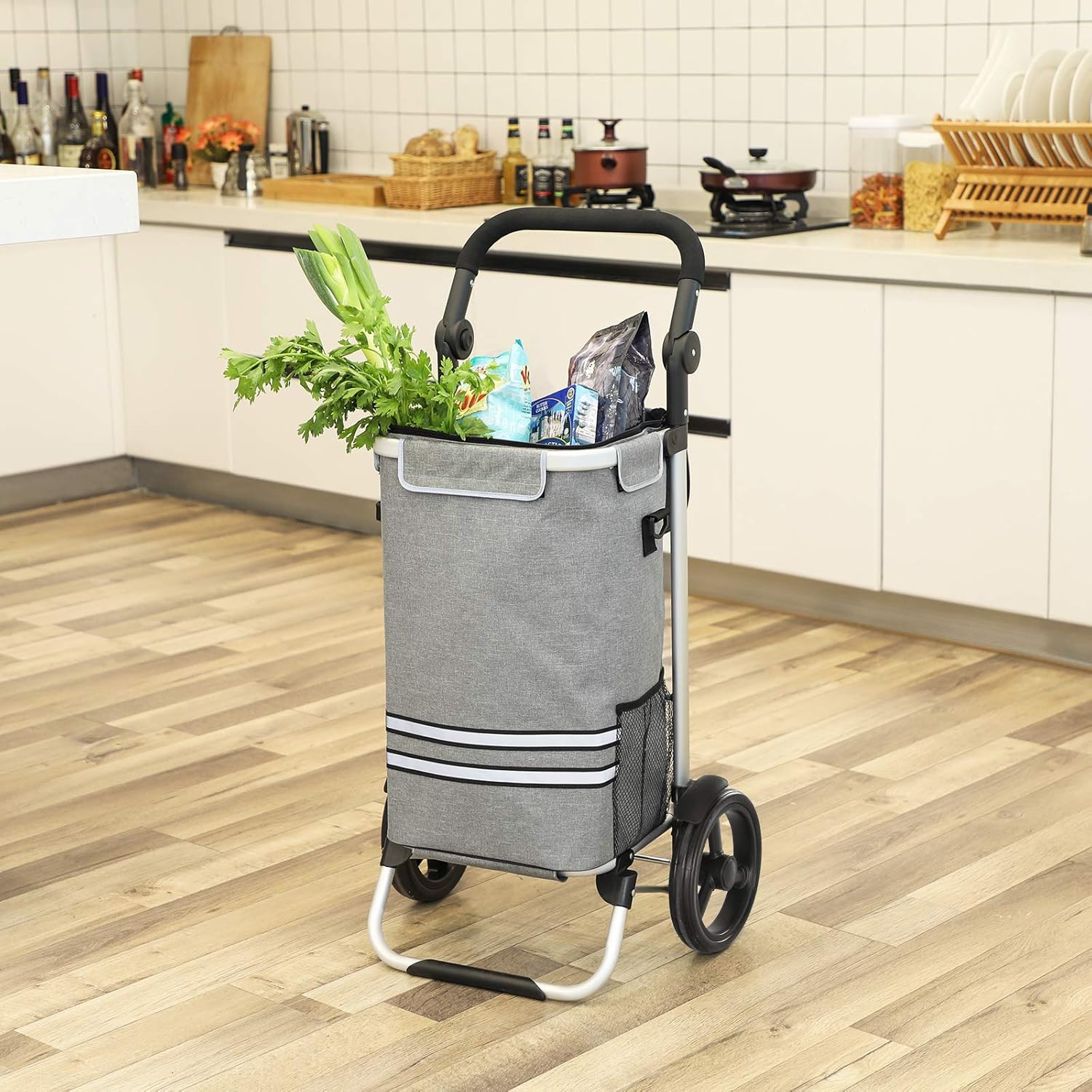 SONGMICS Carucior de cumparaturi piata, pliabil, compartiment frigorific, multifunctional, 44x35x100 cm, gri