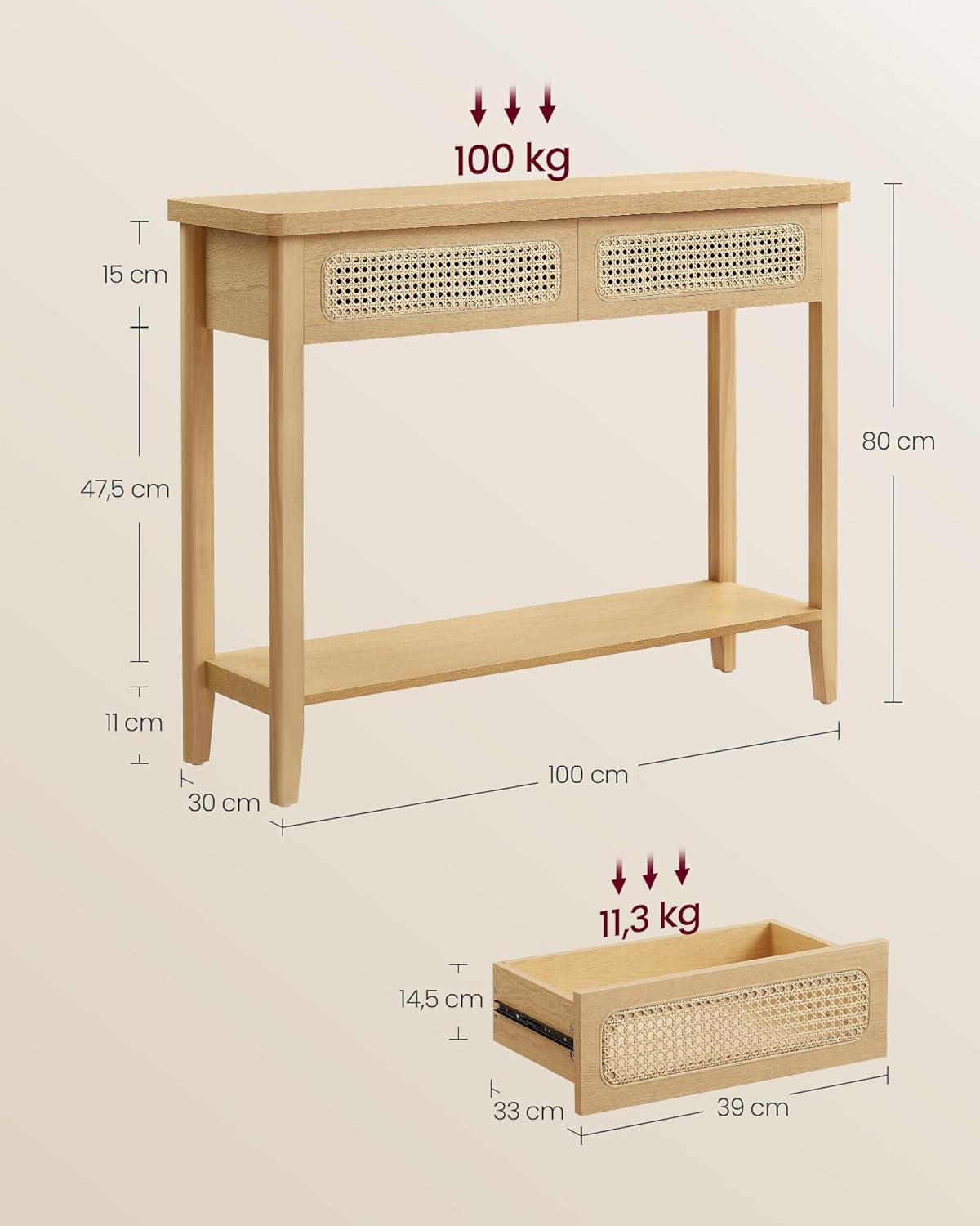 VASAGLE Consola hol 100x30x80 cm, 2 sertare, raft deschis, colturi rotunjite, stil boho, MDF si ratan PVC, bej stejar