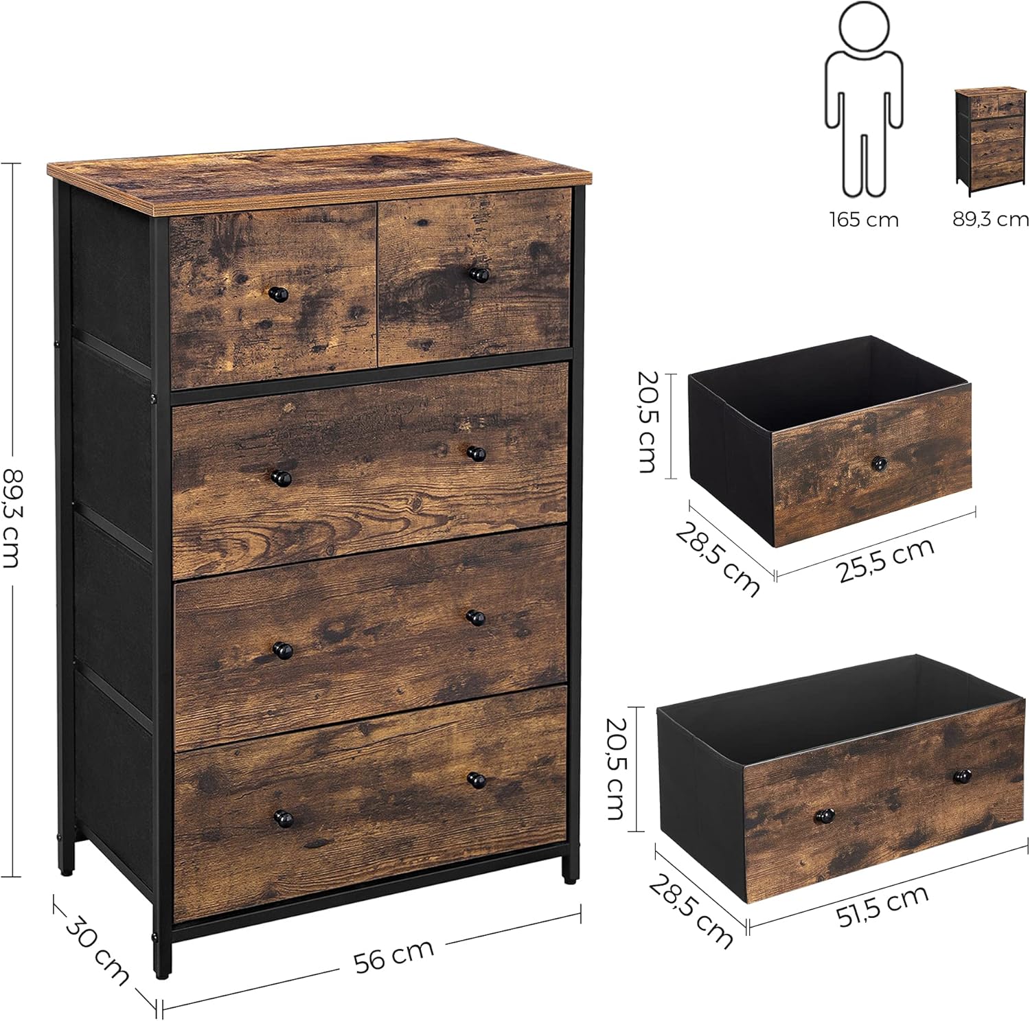 SONGMICS Comoda cu 5 sertare 56x30x89 cm, cadru metalic si blat MDF, manere lemn, maro rustic si negru
