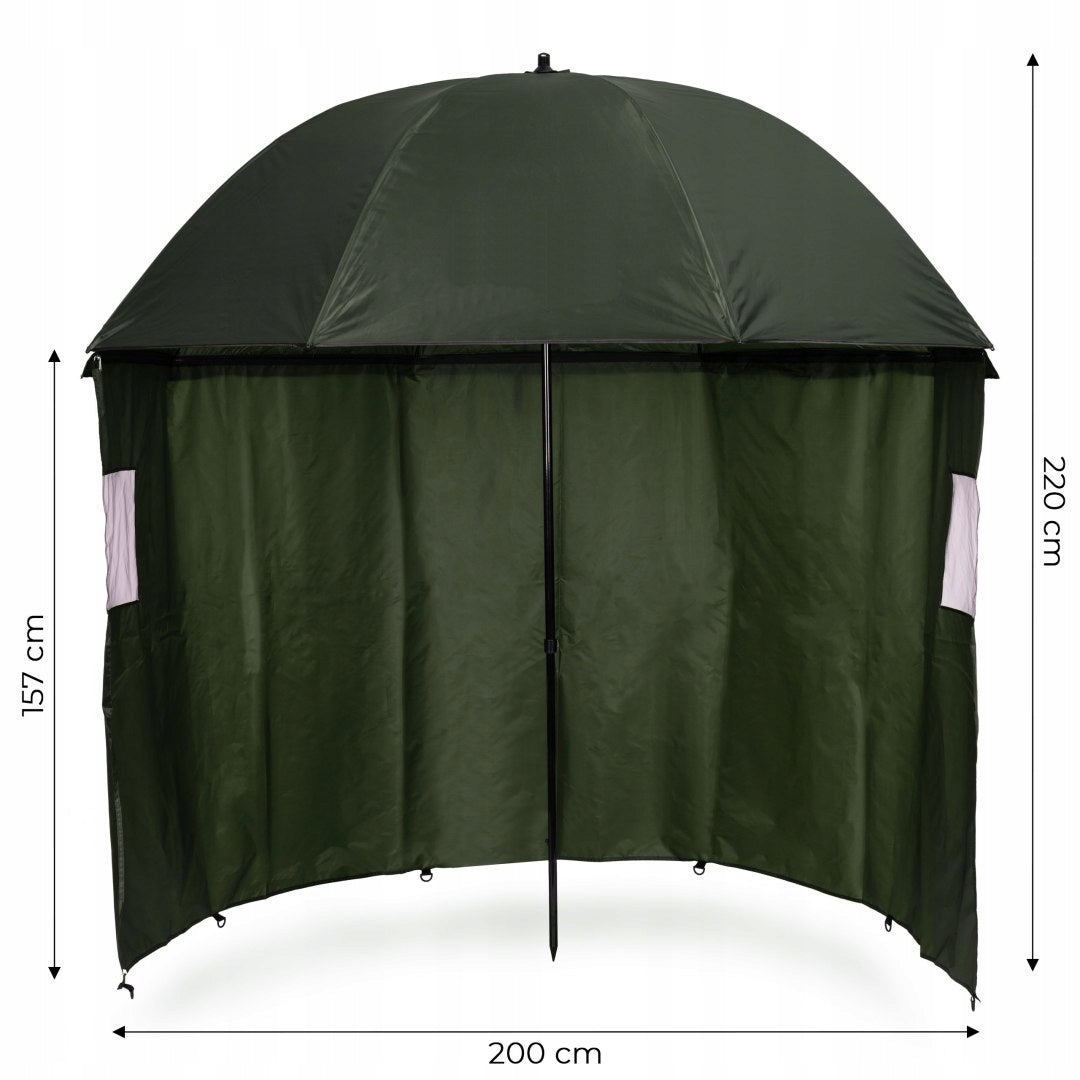 Umbrela pescuit 200x220 cm, cu perete lateral detasabil si ferestre, reglabil pe inaltime si unghi, otel si Oxford impermeabil, verde