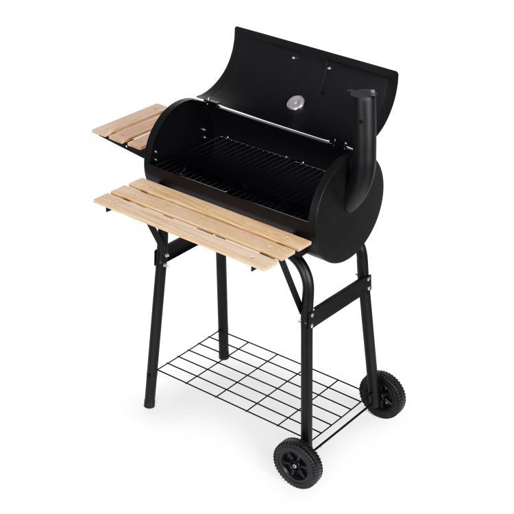 Gratar de gradina 91x60x114 cm, cu cos de fum, termometru si 3 rafturi, metal cromat, negru
