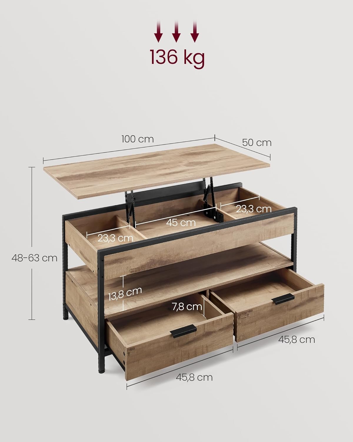 VASAGLE Masuta de cafea cu blat rabatabil 100x50 cm, 5 compartimente, stil industrial, PAL si otel, maro-negru