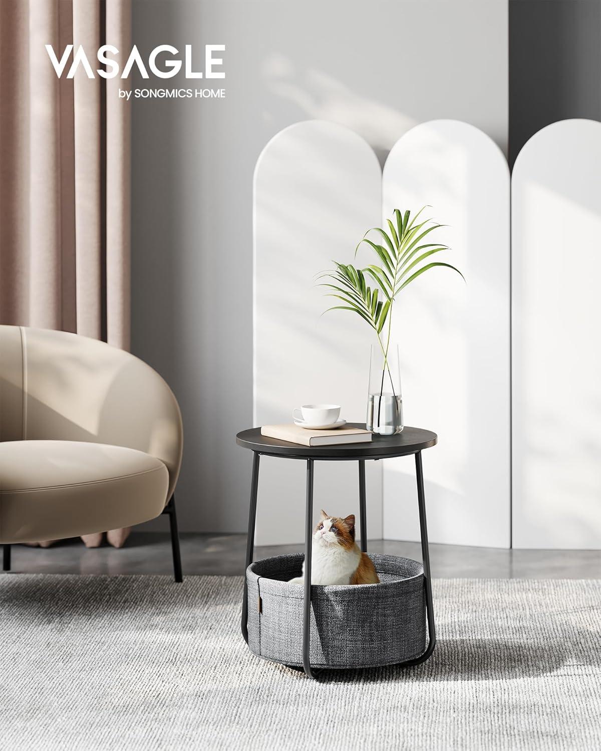 VASAGLE Masuta de cafea rotunda cu cos de stofa, stil modern, 45x50cm, negru-gri