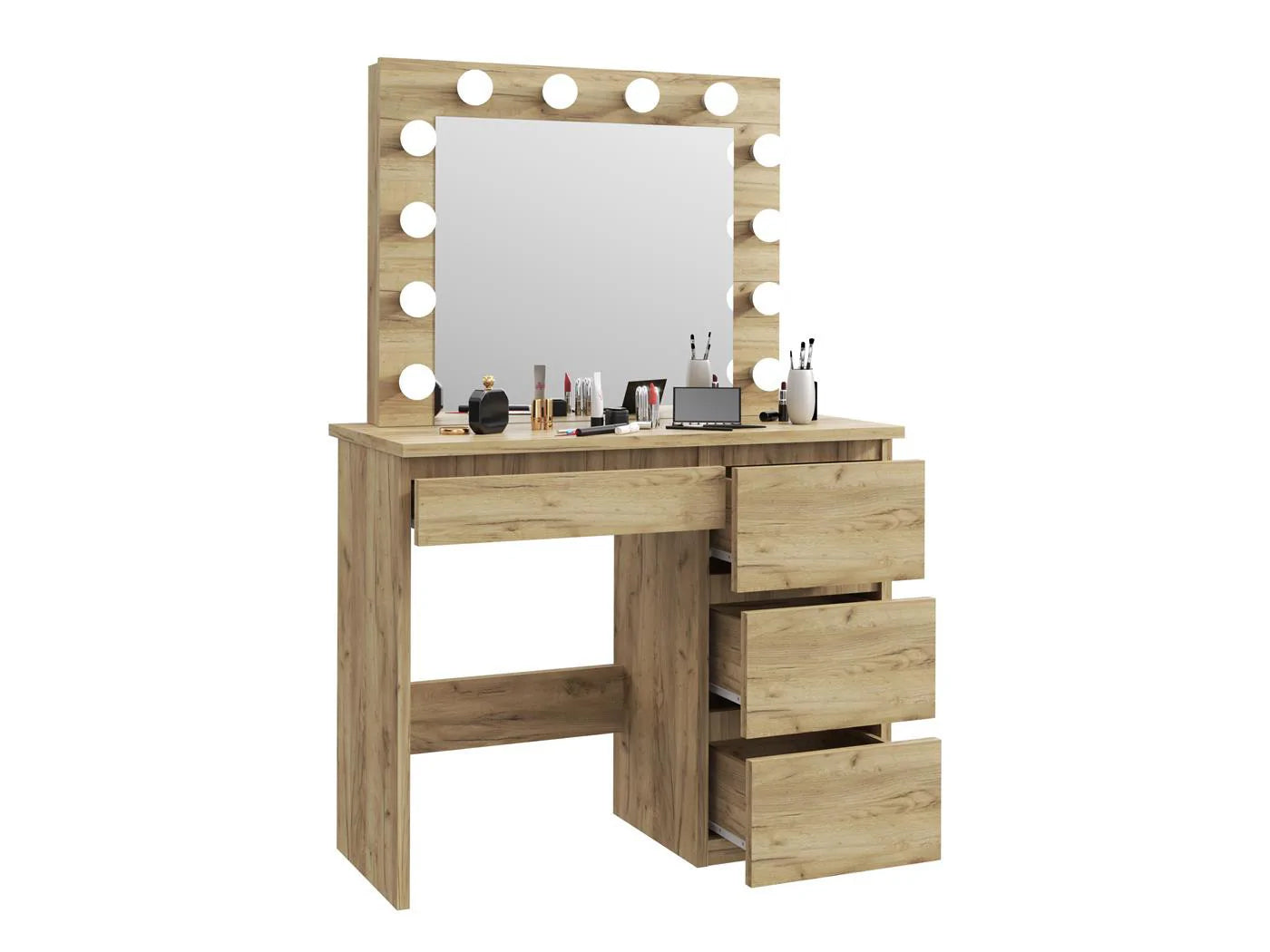 Masa de toaleta si machiaj Hollywood cu oglinda LED si 4 sertare, 94x43x140 cm, craft - 5