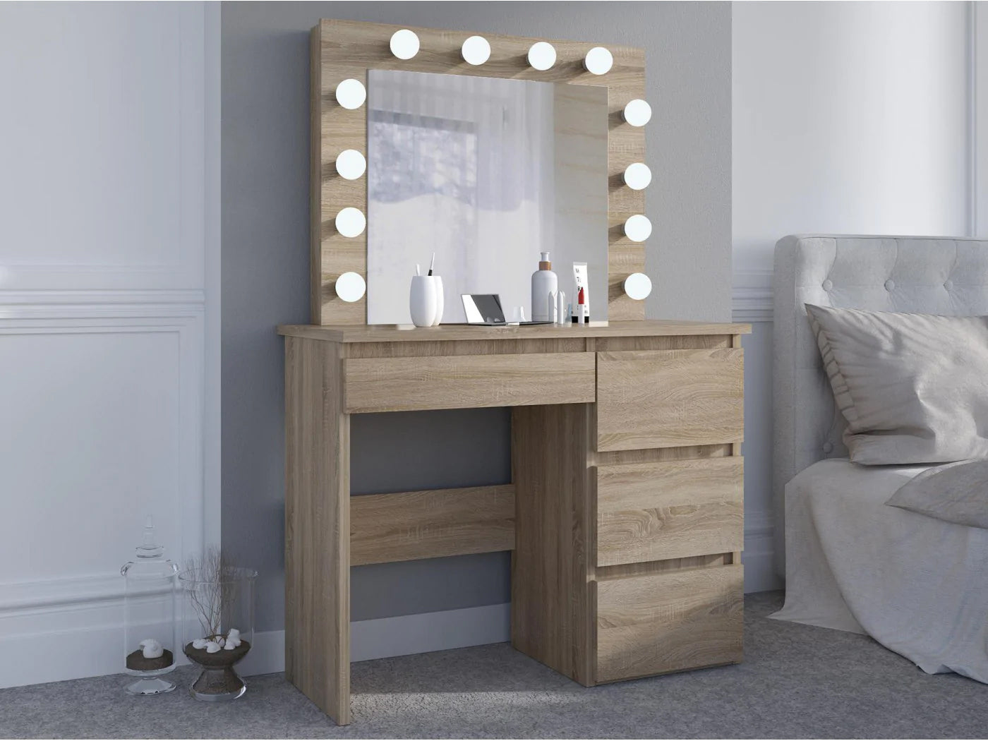 Masa de toaleta si machiaj Hollywood cu oglinda LED si 4 sertare, 94x43x140 cm, stejar - 3