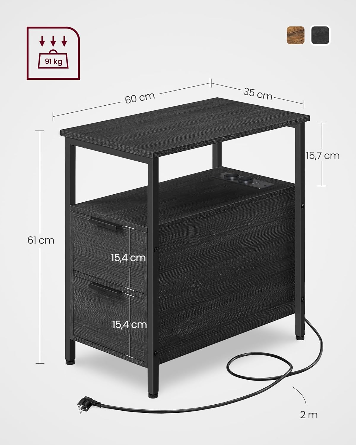 VASAGLE Noptiera 60x35x61 cm, cu 2 sertare, rafturi si priza incorporata, PAL si otel, gri antracit si negru