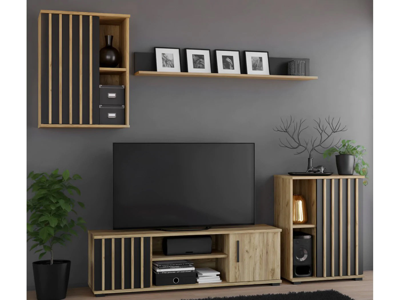Comoda Montana 60 1D cu usa si 2 rafturi, 60x37x80 cm, craft si negru - 3