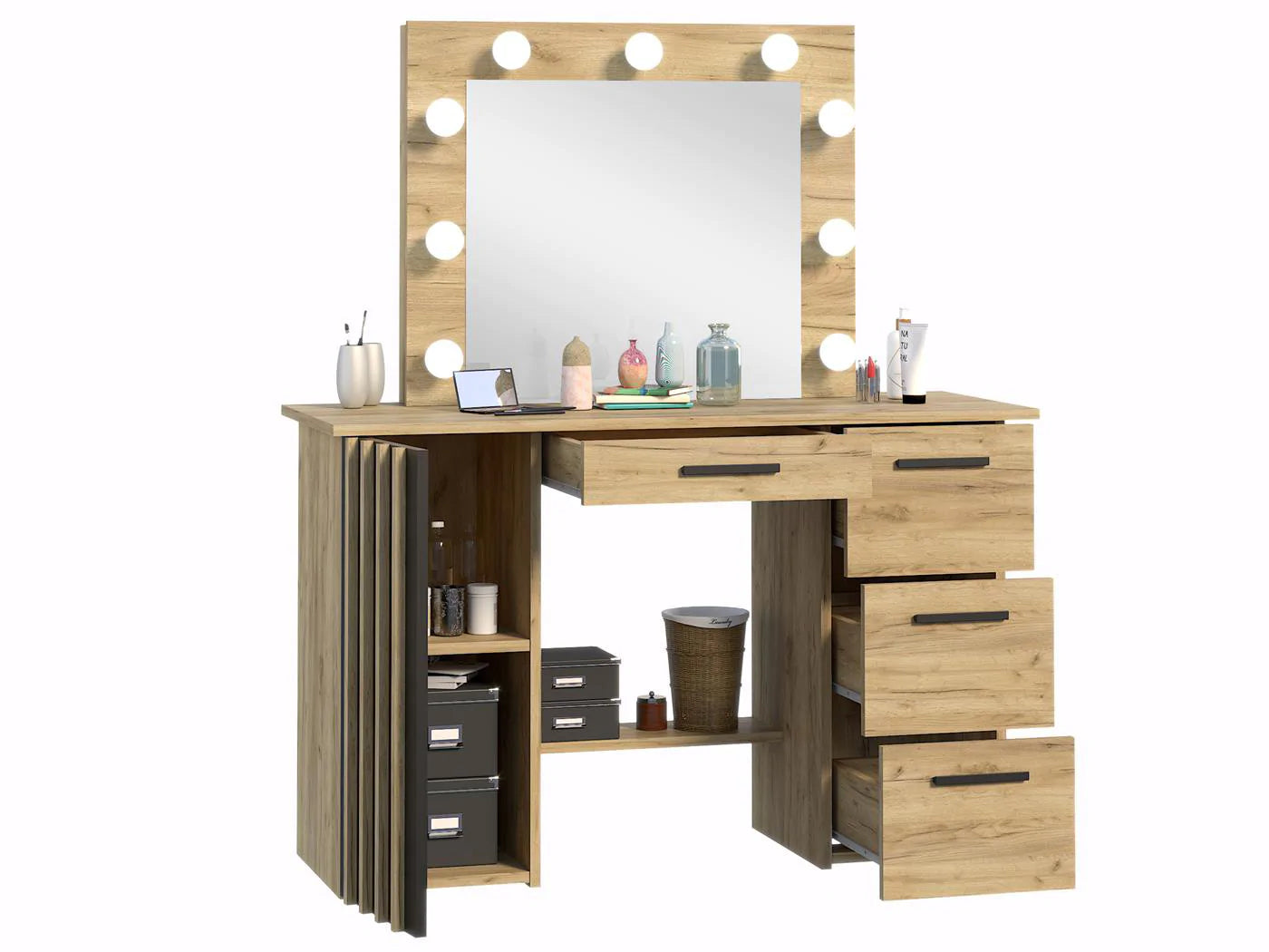 Masa de toaleta si machiaj suspendabila 120x45x140 cm cu oglinda LED si 4 sertare, craft si negru - 3