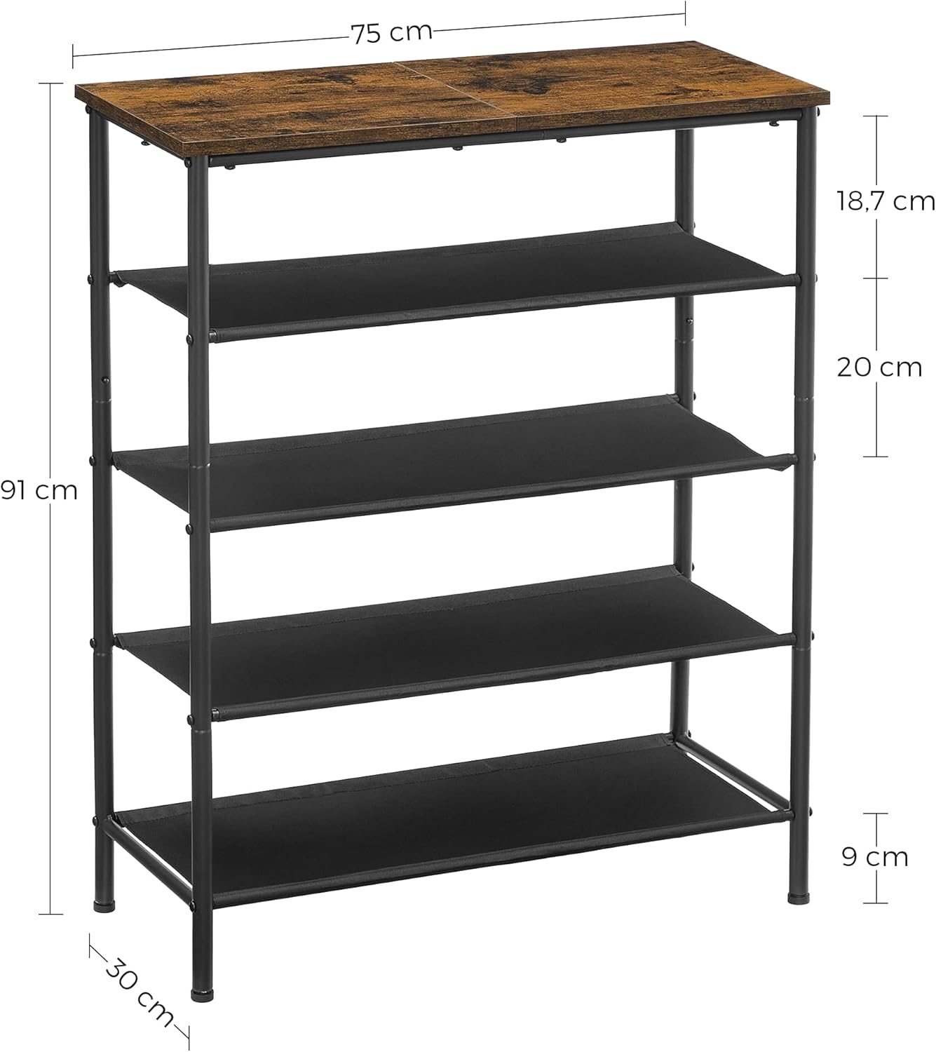 VASAGLE Suport pantofi 75x30x91 cm, 5 niveluri, rafturi textile si blat PAL, cadru metalic, maro rustic si negru
