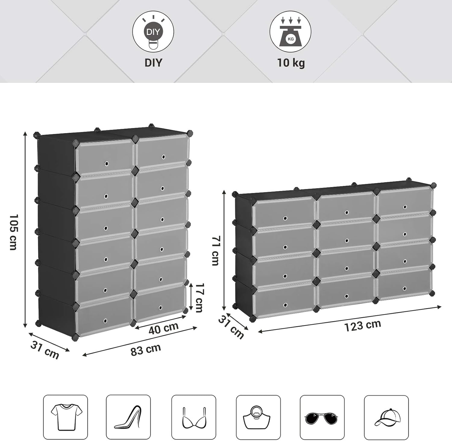 SONGMICS Etajera pantofi 83x31x105 cm, 12 compartimente modulare cu usi rabatabile, negru si alb