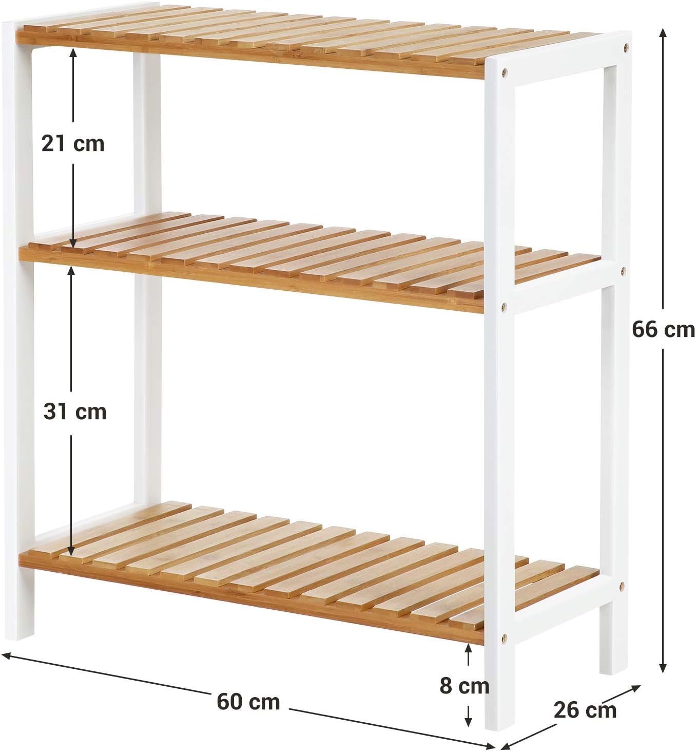 SONGMICS Etajera bambus 60x26x66 cm, cu 3 rafturi, kit anti-rasturnare, alb si natur