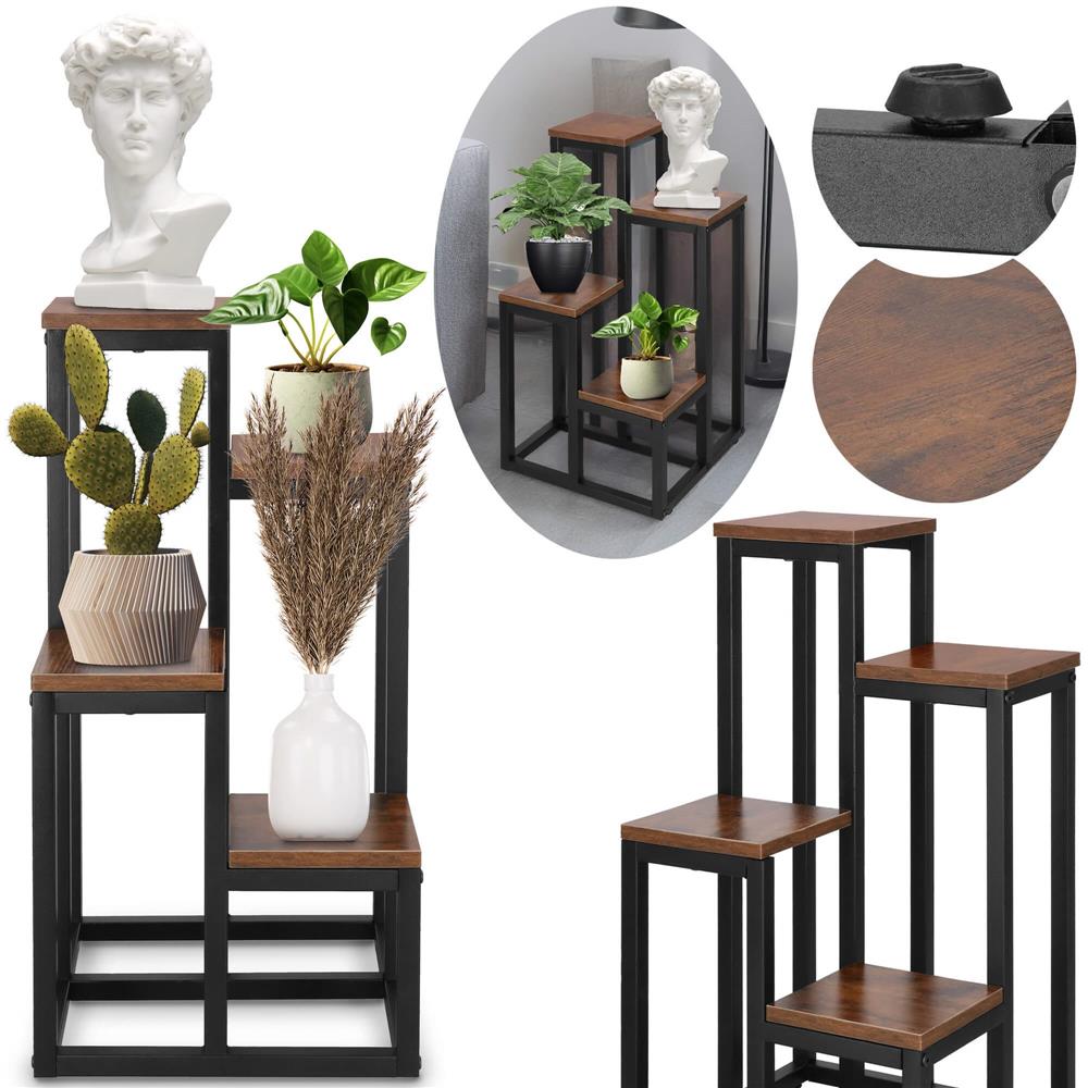 Stand pentru flori, cadru metalic, 4 etajere, 34x34x68 cm, maro inchis