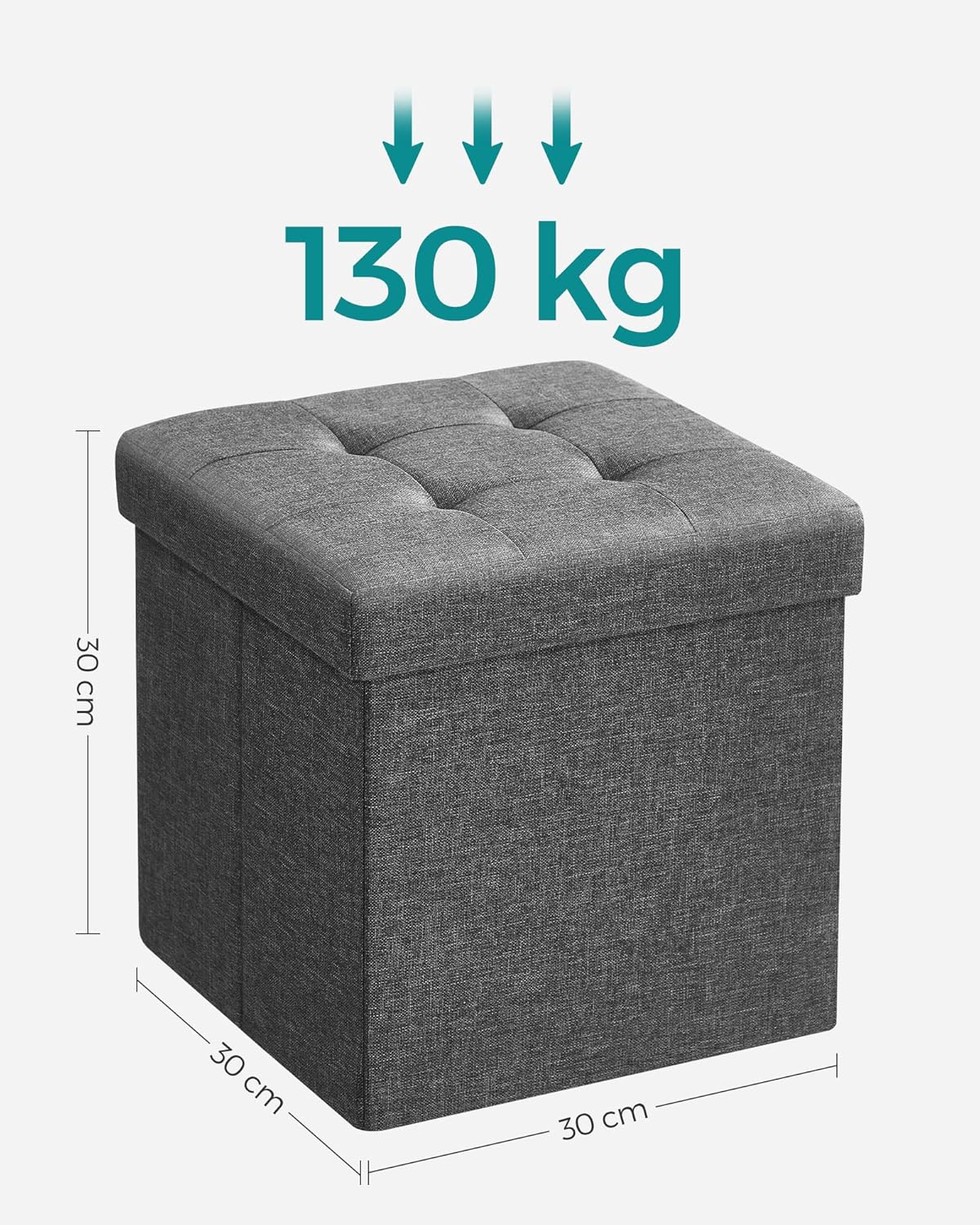 SONGMICS Taburet pliabil 30x30x30 cm, cu spatiu de depozitare, capac tapitat, MDF si imitatie in, gri