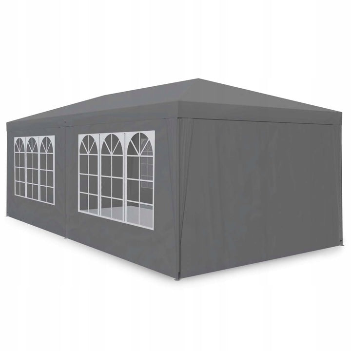 Cort de gradina 300x600 cm, 6 pereti detasabili cu ferestre si usa, structura metalica, PE impermeabil, gri