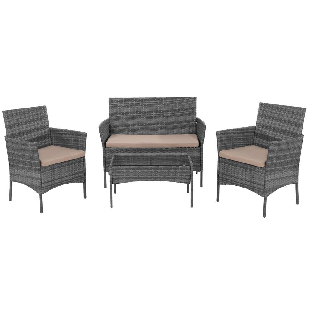 Set mobilier terasa, din tehnorattan, masa cu blat sticla securizata, 2 fotolii si 1 canapea cu perne, gri