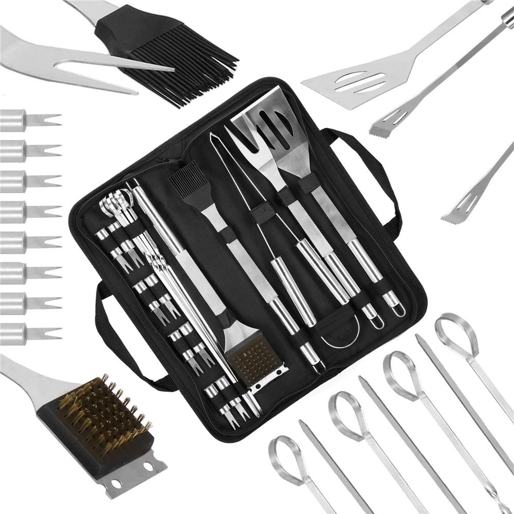 Set accesorii pentru gratar din inox, 20 de piese inclusiv perie, husa transport