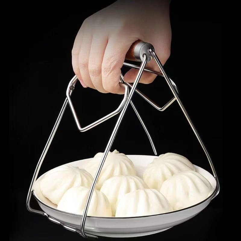 Clema pentru Boluri, Anti-Alunecare, din Otel Inoxidabil, Extindere, pentru Oale, Tigai, de Uz Casnic, Rezistent la Temperaturi Inalte, 19.5x9.8x8 cm, Maner Maro, Gri