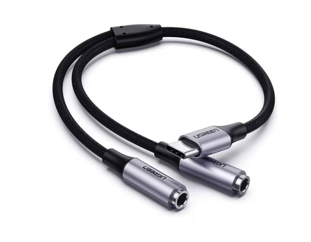 CABLU audio Ugreen, "AV144" USB Type-C (T) la 2 x 3.5 mm jack (M), 0.20 m, argintiu "30732" - 6957303837328