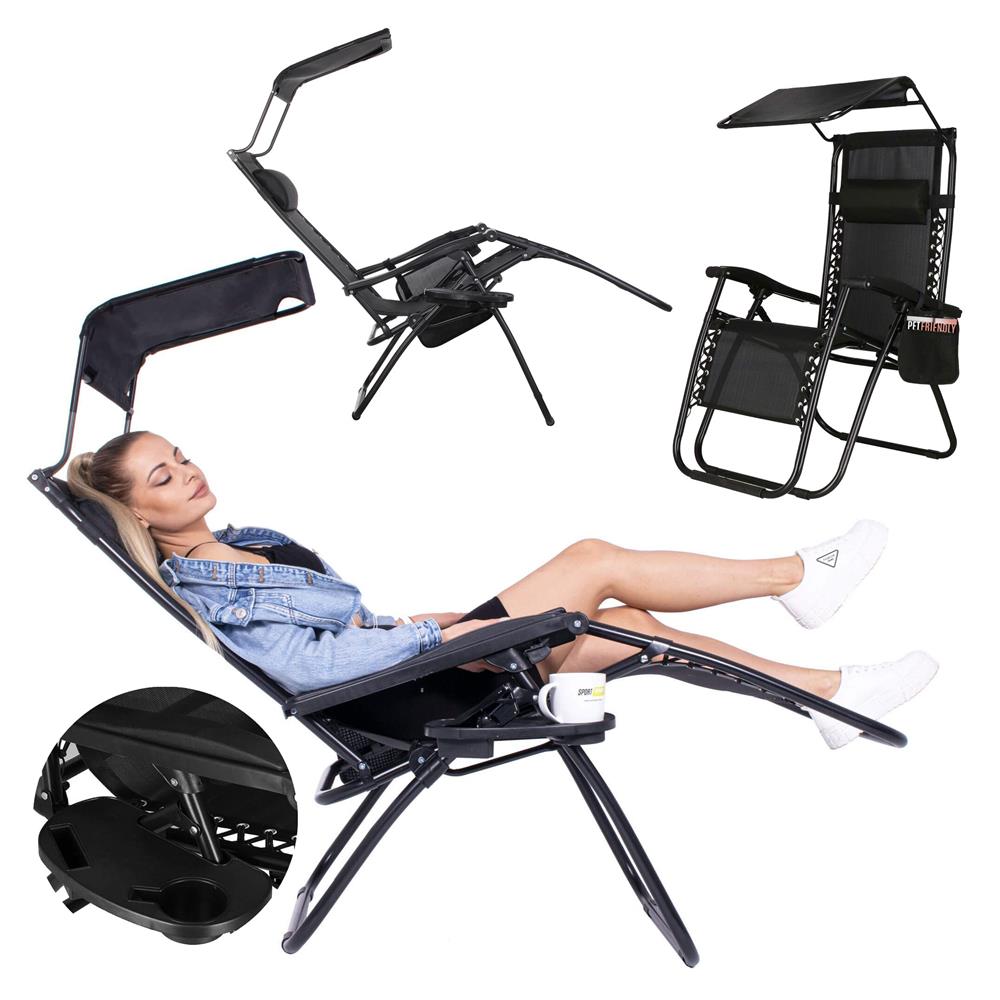 Sezlong pliabil SERSIMO GC3, Relax Zero Gravity cu parasolar, 175cm, negru