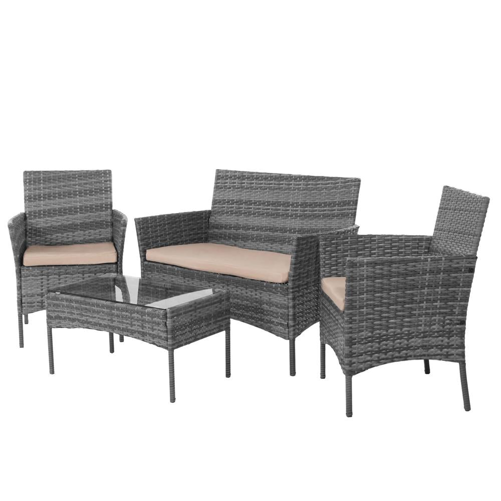 Set mobilier terasa, din tehnorattan, masa cu blat sticla securizata, 2 fotolii si 1 canapea cu perne, gri
