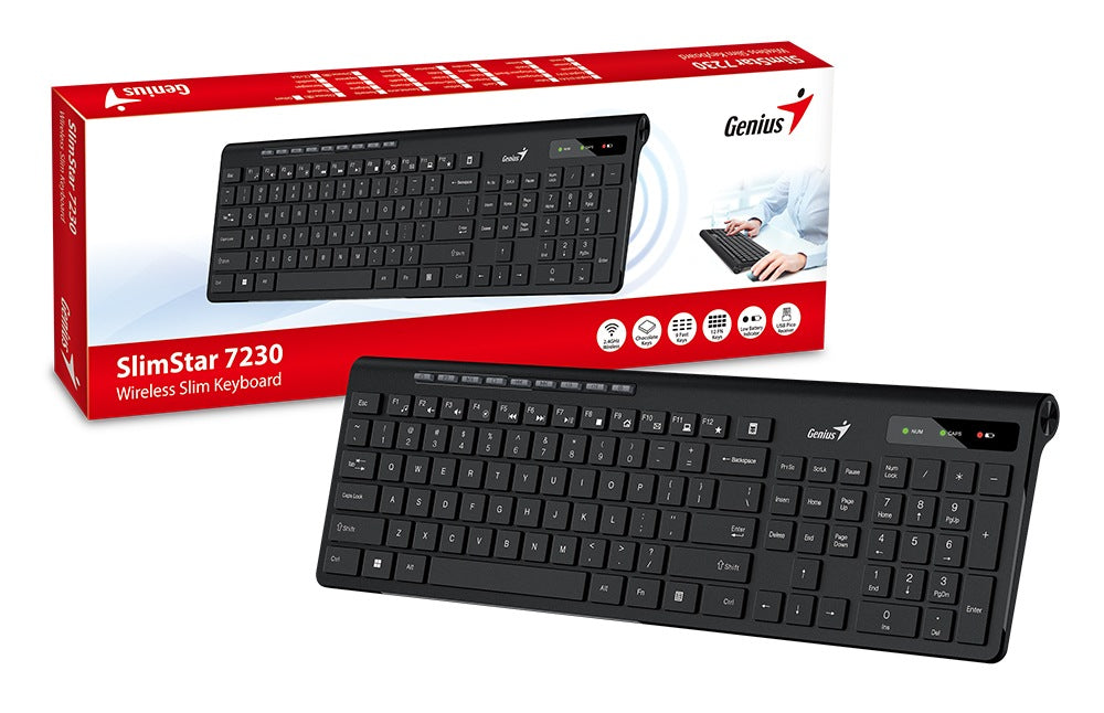 TASTATURA GENIUS wireless, multimedia, 104 taste + 12 taste multimedia, design ergonomic, USB, negru, "SlimStar 7230" "31310021400"