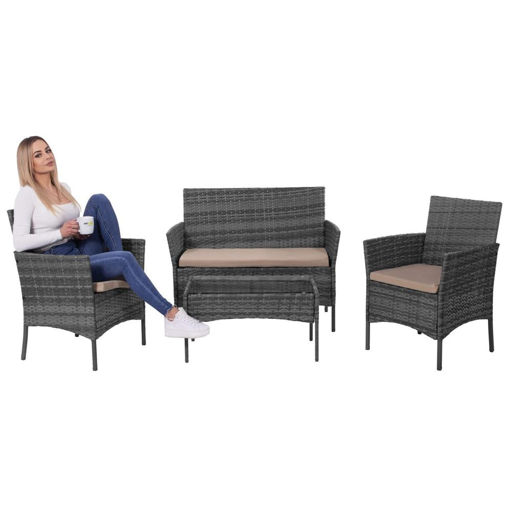 Set mobilier terasa, din tehnorattan, masa cu blat sticla securizata, 2 fotolii si 1 canapea cu perne, gri
