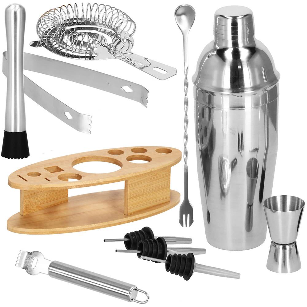 Set Cocktail Shaker Kit pentru barmani 550ml, KI24, suport bambus, 11 piese