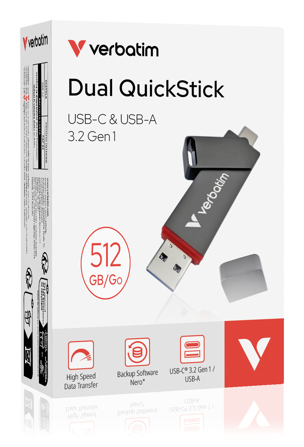 Memorie Verbatim Dual QuickStick. Capacity: 512 GB, Device interface: USB Type-A / USB Type-C, USB version: 3.2 Gen 1 (3.1 Gen 1), Read speed: 550 MB/s, Write speed: 500 MB/s. "32042"