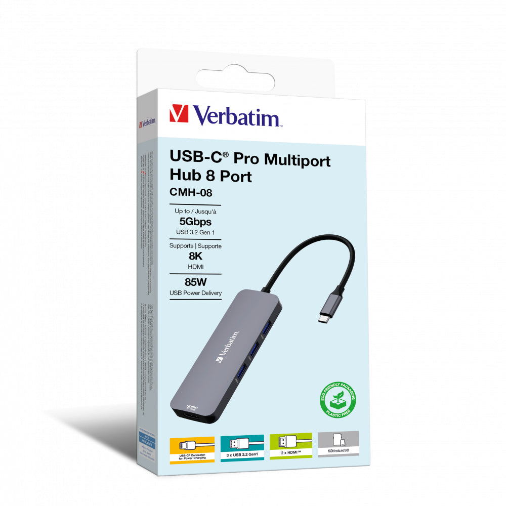 Hub Verbatim USB C PRO MULTIPORT 8 PORT CMH 2 x HDMI, 3 x USB-A 3.2 Gen1, 1 x SD card slot, 1 x microSD card slot, 1 x USB-C PD "32151"