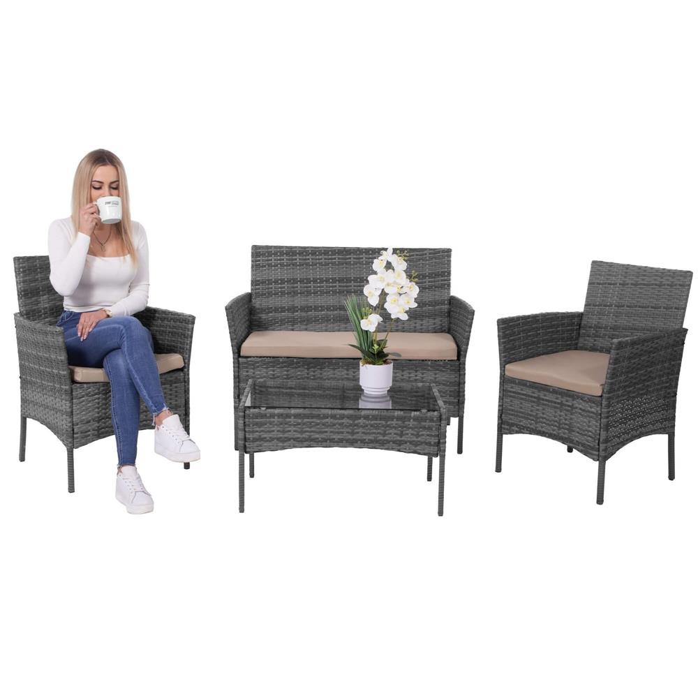 Set mobilier terasa, din tehnorattan, masa cu blat sticla securizata, 2 fotolii si 1 canapea cu perne, gri