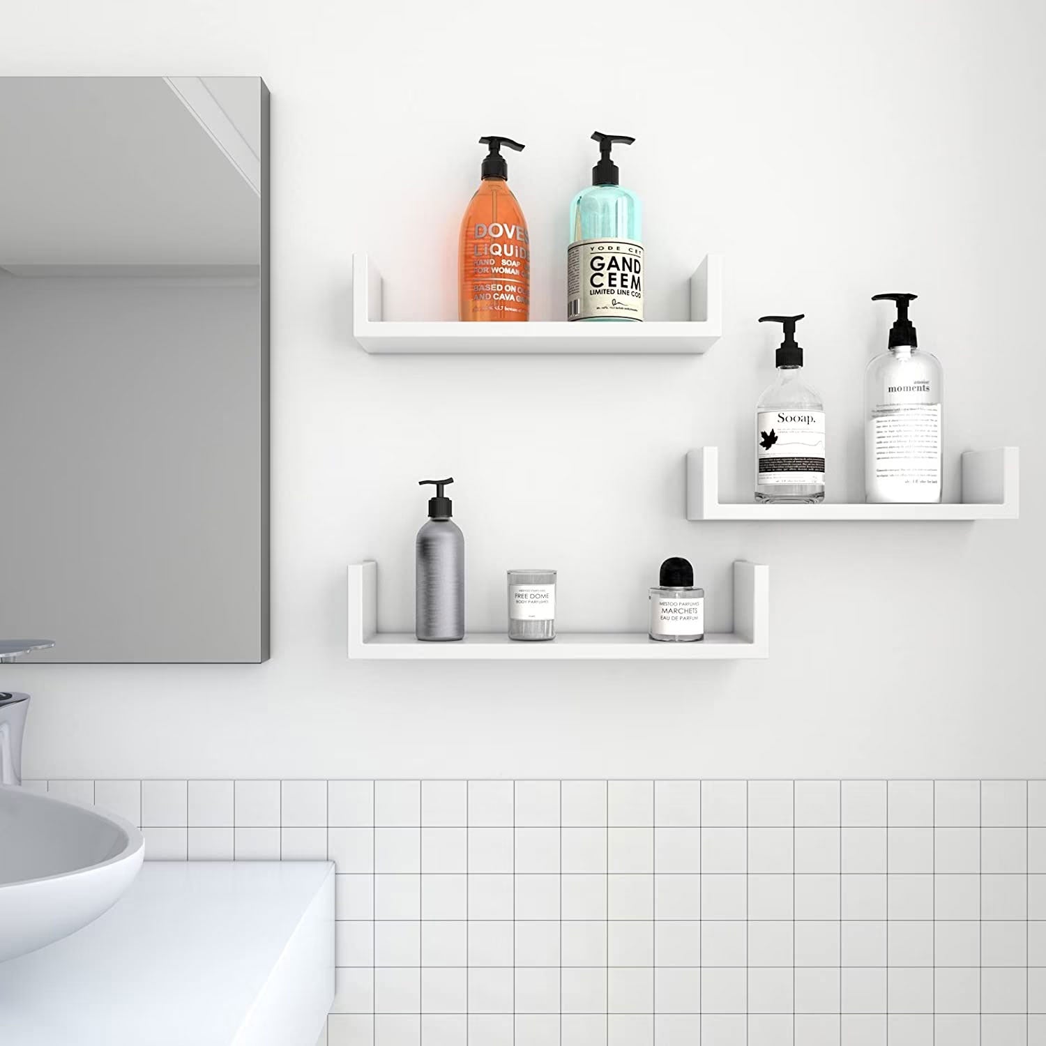 SONGMICS Rafturi plutitoare de perete, set 3 bucati, MDF, 30, 35 si 40 cm, alb