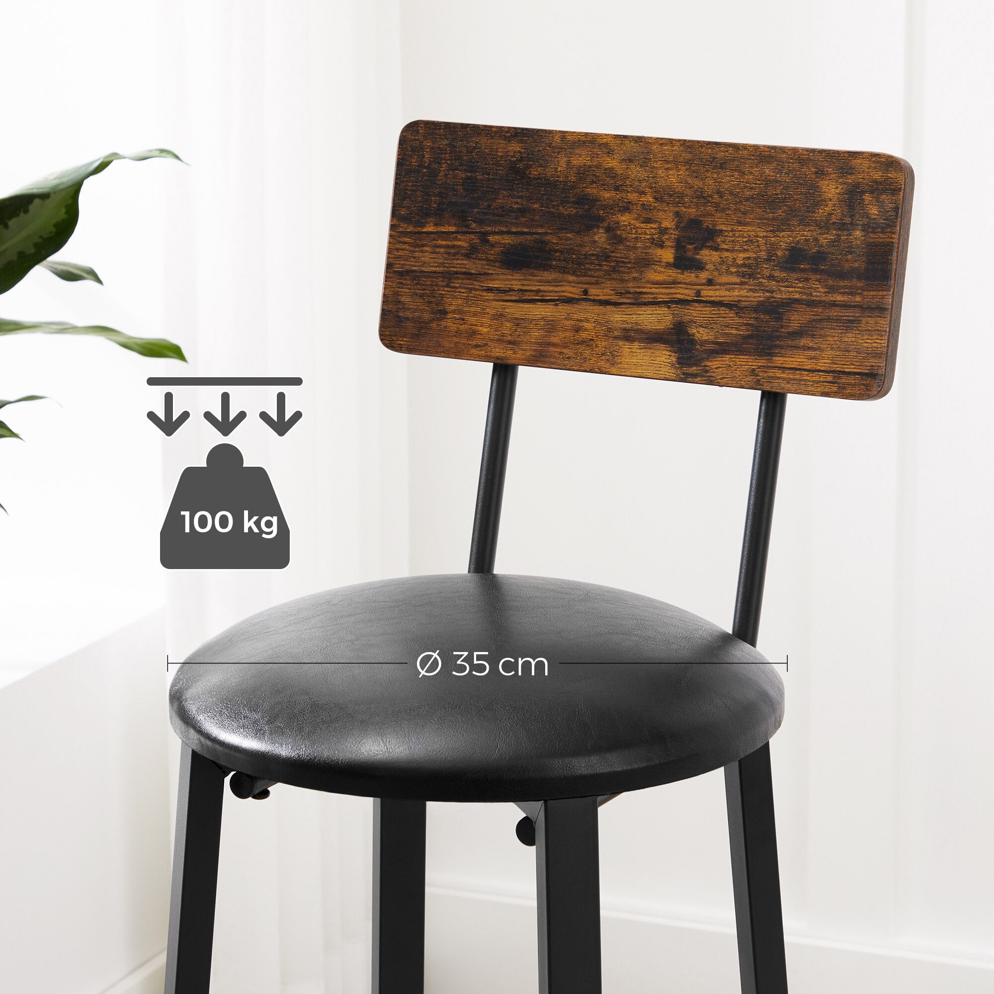VASAGLE Set 2 scaune de bar cu spatar din PAL, sezut moale tapitat, 39x100x76cm, maro rustic si negru