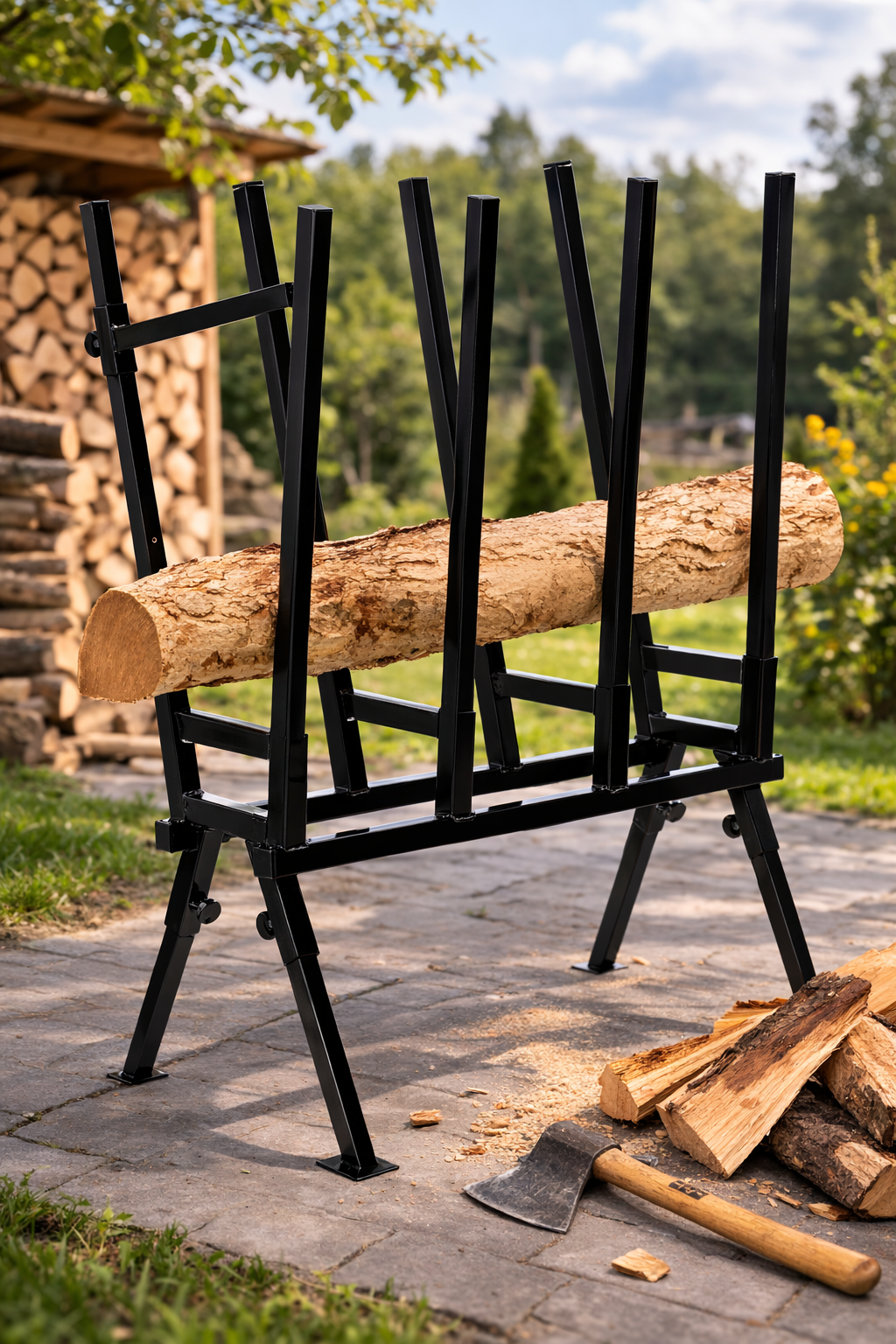 Suport metalic capra pentru taiat lemne, reglabil, pliabil, otel, maxim 200 kg, 81x37x103 cm, negru