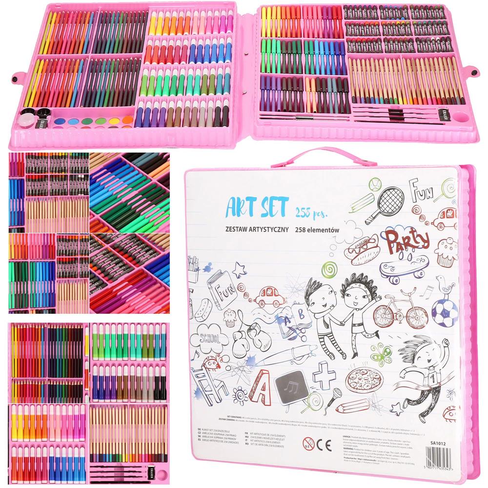 Set de pictura si desen pentru copii, 258 de piese, trusa plastic roz
