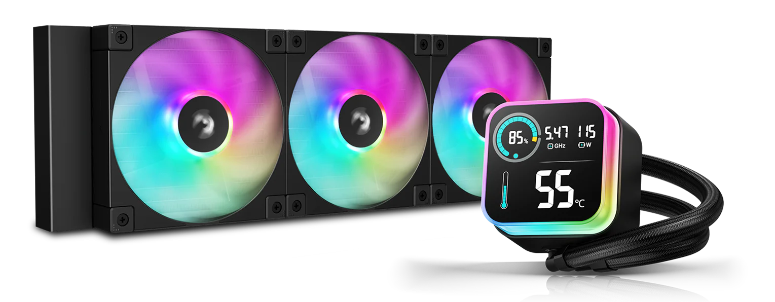 COOLER DeepCool "LQ360", skt. Intel si AMD, racire cu lichid, 3 x 120mm, 600 - 2400 RPM, iluminare RGB adresabil, afisaj LCD, negru "R-LQ360-BKLSMW-G-1"