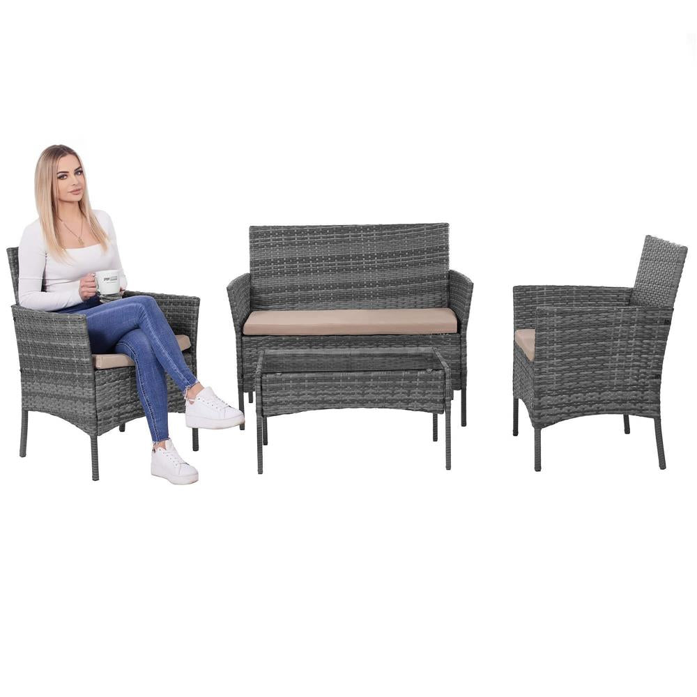 Set mobilier terasa, din tehnorattan, masa cu blat sticla securizata, 2 fotolii si 1 canapea cu perne, gri