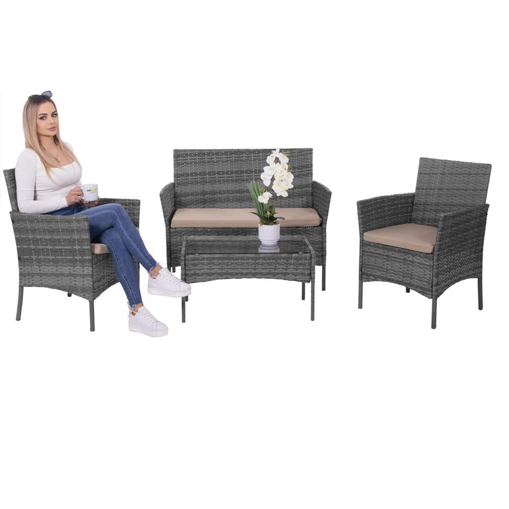 Set mobilier terasa, din tehnorattan, masa cu blat sticla securizata, 2 fotolii si 1 canapea cu perne, gri
