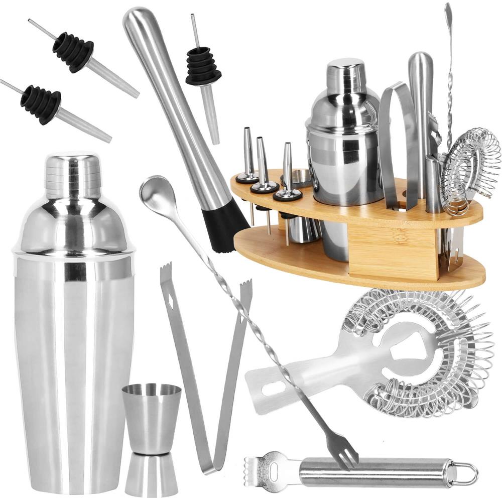 Set Cocktail Shaker Kit pentru barmani 550ml, KI24, suport bambus, 11 piese