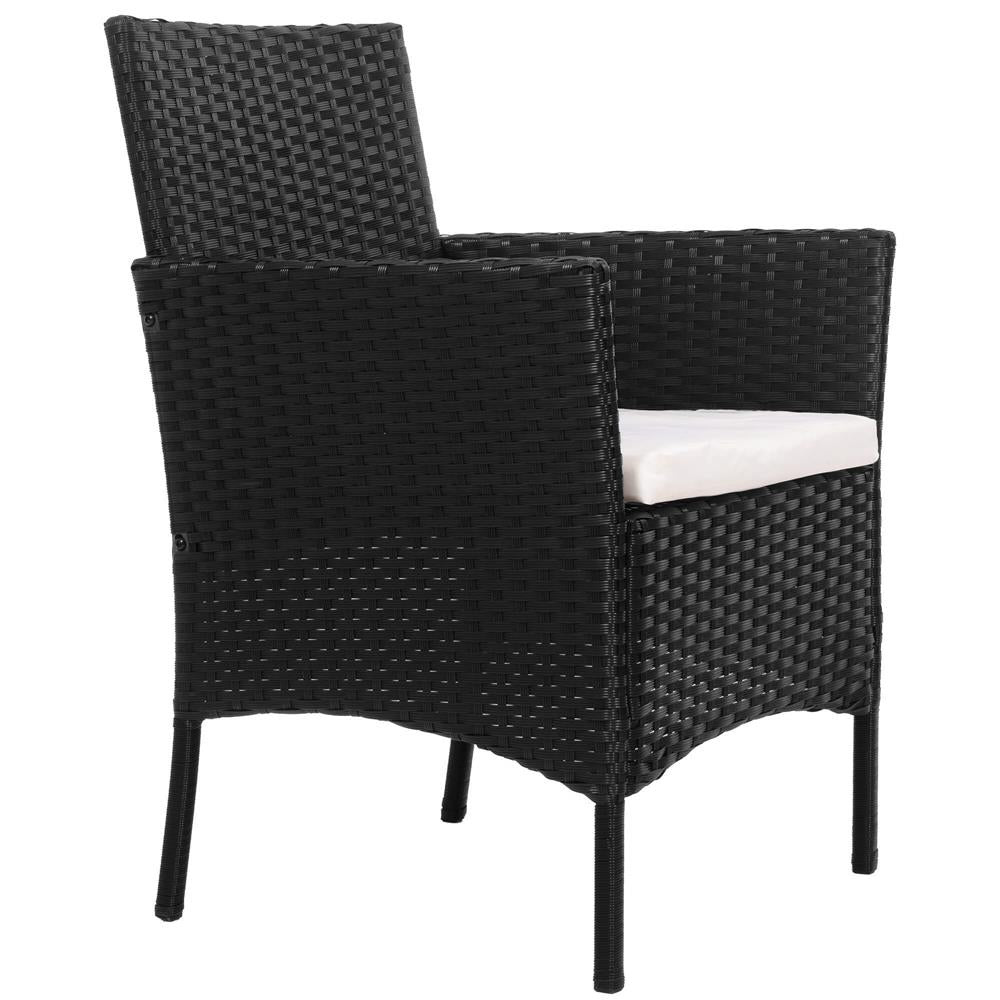 Set mobilier terasa, din tehnorattan, masa cu blat sticla securizata, 2 fotolii cu perne, negru