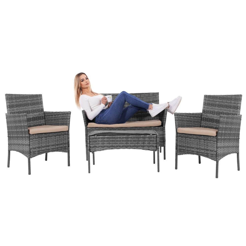 Set mobilier terasa, din tehnorattan, masa cu blat sticla securizata, 2 fotolii si 1 canapea cu perne, gri